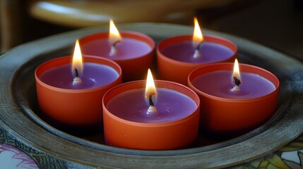 Five Burning Purple Candles on Wooden Tray, Relaxing Atmosphere, Spa Setting, Cozy Home Decor