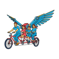 Family Riding Red Tandem Bicycle with Large Blue Wings on White Background