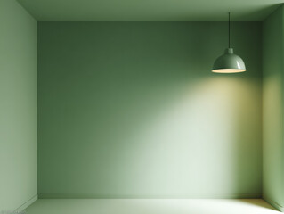 Minimalist empty room with soft green walls and a single hanging industrial light

