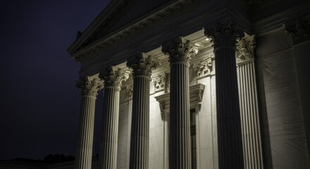 Obraz premium Majestic Neoclassical Columns of a Grand Building Illuminated at Night, Showcasing Architectural Details and Stone Craftsmanship