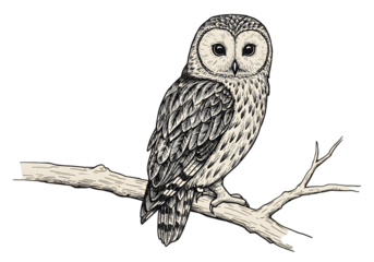Isolated Illustration Of Owl Perched On A Branch With Black Background And White Colors