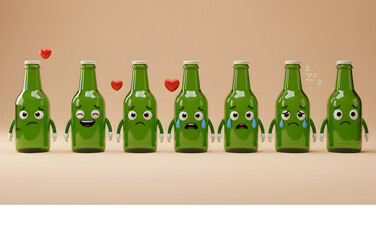 Set of Cute Cartoon Beer Bottles Expressing Various Emotions with Hearts and Bubbles