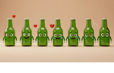 Set of Cute Cartoon Beer Bottles Expressing Various Emotions with Hearts and Bubbles