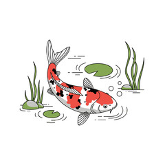 Stylized Koi Fish with Red and Black Markings Swimming Among Lily Pads and Underwater Plants on Clean White Background Line Art