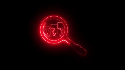 Magnifying glass highlighting the word “SEO” with bar chart shapes inside, neon glowing animation on black background, digital marketing concept, data analysis - Powered by Adobe