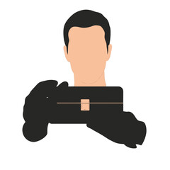 Abstract Dark Haired Person Holding Dark Rectangular Object with Light Skin Tone and Dark Gloves on White Background