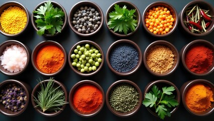 A grid of small, dark brown bowls filled with an assortment of colorful spices, herbs, and seasonings, arranged on a dark background