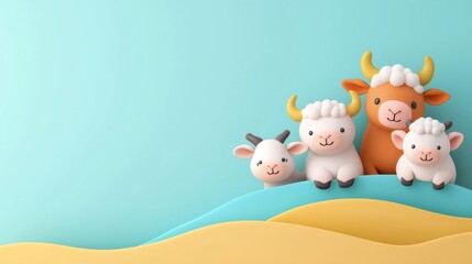 Eid Al Adha banner background featuring cute sheep and cow with copy space, suitable for greeting card