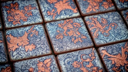 Close-up of patterned ceramic tiles, featuring intricate floral designs in copper-toned relief on a light-blue background