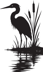 Lone Heron Silhouette at Marsh Edge Wildlife Vector Art