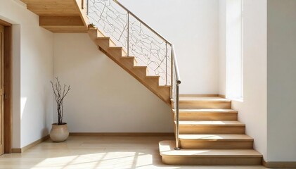Modern minimalist stairway with sleek metal railing and natural wood steps, creating a bright and airy interior space Perfect for home design inspiration , natural, building