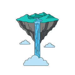 Floating Island with Waterfall Pixel Art Style Fantasy Landscape Illustration with Teal Green Mountains and Gray Cliffs Against a White Background