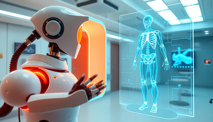 3D render of robotic diagnostic machine scanning human body, holographic skeletal overlay projected in the air, futuristic hospital