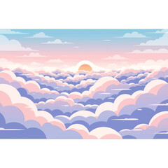 Dreamy Pixel Art Landscape with Soft Pink and Blue Clouds under Warm Sun Above Sky