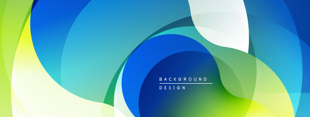 Abstract fluid shapes overlap, creating vibrant blue, green, white gradients. Modern design evokes movement, energy, freshness.