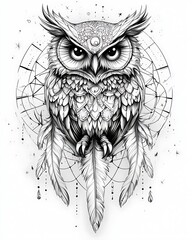 Obraz premium Detailed Black And White Owl Dreamcatcher And Celestial Elements feathers stars