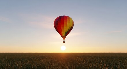Obraz premium Vibrant Hot Air Balloon Silhouetted Against Golden Sunset Horizon, Majestic Flight at Golden Hour.