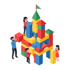 Family Building Colorful Block Tower Together Isometric Style Illustration on White Background