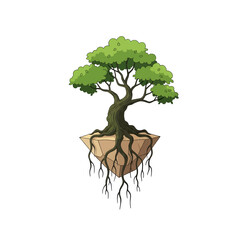 Pixelated Tree on Floating Land with Roots Art on White Background