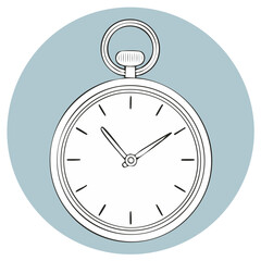 Hand drawn vintage pocket watch illustration. Classic antique timepiece sketch icon on a blue circle.