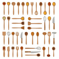 Collection of Wooden Kitchen Utensils on White Background in Flat Lay Arrangement with Spoons Whisks and Knives Displayed in Organized Style