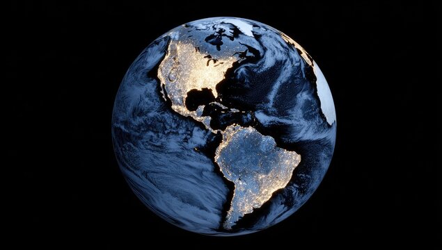 Earth globe, highlighting North and Central America, illuminated with city lights, dark background