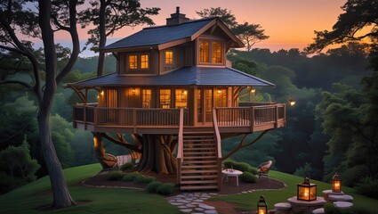 A picturesque treehouse at dusk