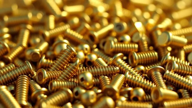 Close up view of a pile of gold screws. The screws are arranged in a random pattern and are illuminated
