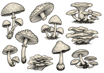 Isolated Illustration Of Various Mushrooms On Transparent Background