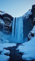 Frozen waterfall cascading down icy cliffs, ethereal blue light illuminating a mystical winter landscape Ancient, untouched, and radiating a chilling beauty , glacier ice, deep blue, frozen