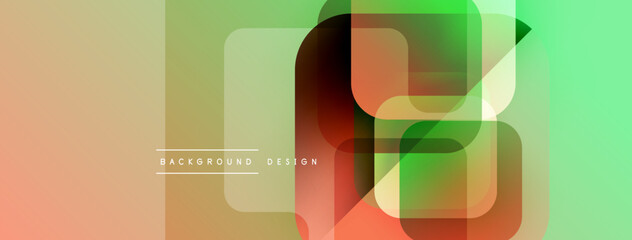 Abstract geometric shapes overlap, creating vibrant gradient background. Orange, green hues dominate composition. Modern design element.