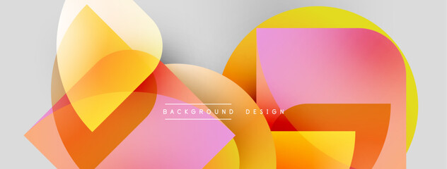 Fototapeta premium Abstract shapes overlap, creating vibrant color gradients. Modern design features soft pinks, oranges, yellows, light gray backdrop.
