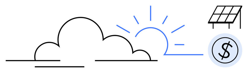 Cloud, rising sun, solar panel, and dollar sign. Ideal for renewable energy, sustainability, clean energy, investment environmental conservation climate solutions eco-friendly initiatives. Simple