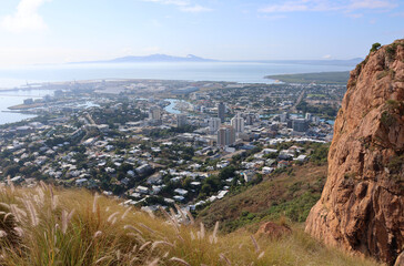 View of Townsville city with long grass in the foreground from the Castle Hill lookout in Queensland, Australia