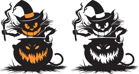 Halloween cat witch cauldron vector illustration spooky graphic design template art