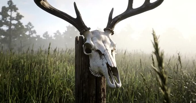 A deer skull with large antlers mounted on a wooden post in a misty, grassy field.