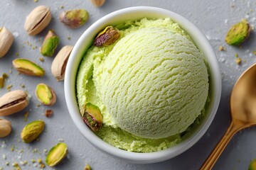 Creamy Pistachio Ice Cream in Bowl with Nuts on Gray Surface
