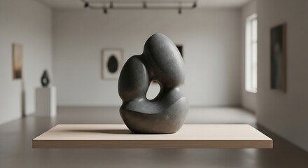Abstract Dark Sculpture on Floating Wooden Pedestal in Minimalist Art Gallery.
