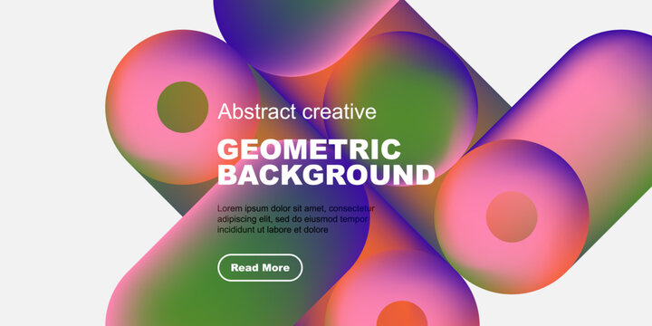 Vibrant abstract shapes overlap black background. Text promotes geometric design, includes call to action button. Modern, colorful composition.