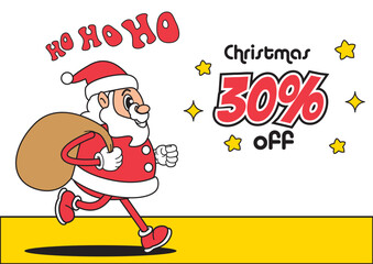 Cartoon Christmas sale banner with Santa Claus carrying a bag and announcing 30 percent off. Holiday shopping concept
