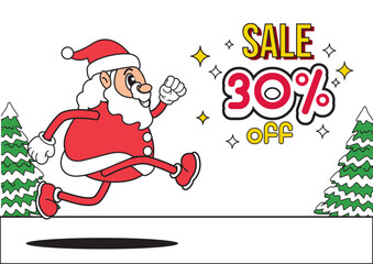 Cartoon Christmas sale banner with running Santa Claus announcing 30 percent off. Holiday shopping concept