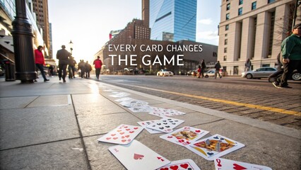 City street with playing cards on pavement creating a unique visual statement