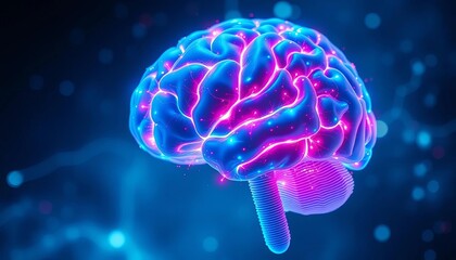 Thoughtful expression, cyan digital brain hologram,  glowing,  pensive