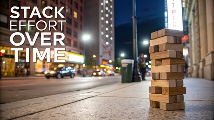 Wooden block stack on urban sidewalk at night with city lights