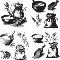 Vintage hand-drawn black ink sketch of oat breakfast elements botanical culinary style silhouette