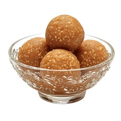 Traditional indian besan laddoo sweets in glass bowl isolated on transparent background