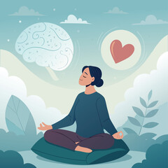 Vector art of woman meditating in lotus position on a cushion with brain and heart shape above her head, surrounded by leaves and clouds, for mental health