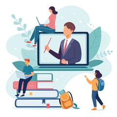 Vector art of online education concept with students learning from home through video conferencing with a teacher