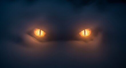 Mysterious glowing animal eyes in the dark fog