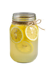 Isolated Lemonade Drink in a Glass Jar with Yellow Sliced Lemons Refreshing Beverage Photo